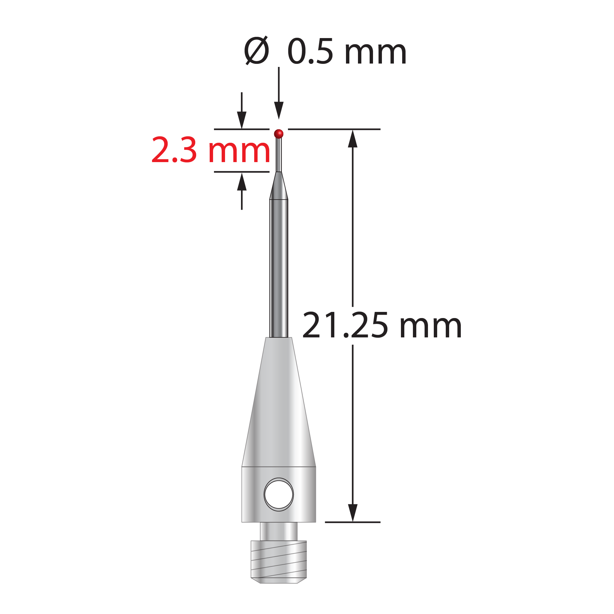 M3 stylus with 0.5 mm diameter ruby ball, tapered carbide stem, and 4.0 mm diameter x 10.0 mm long stainless steel base. Minor stem diameter is 0.3 mm; major diameter is 1.0 mm. Stylus length to ball center is 21.0 mm. Stylus weight is 0.89 gram. Compare to Zeiss 602030-8115-000 and Renishaw A-5555-0267.