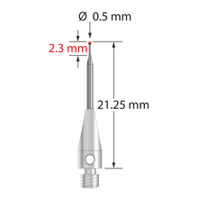 M3 stylus with 0.5 mm diameter ruby ball, tapered carbide stem, and 4.0 mm diameter x 10.0 mm long stainless steel base. Minor stem diameter is 0.3 mm; major diameter is 1.0 mm. Stylus length to ball center is 21.0 mm. Stylus weight is 0.89 gram. Compare to Zeiss 602030-8115-000 and Renishaw A-5555-0267.