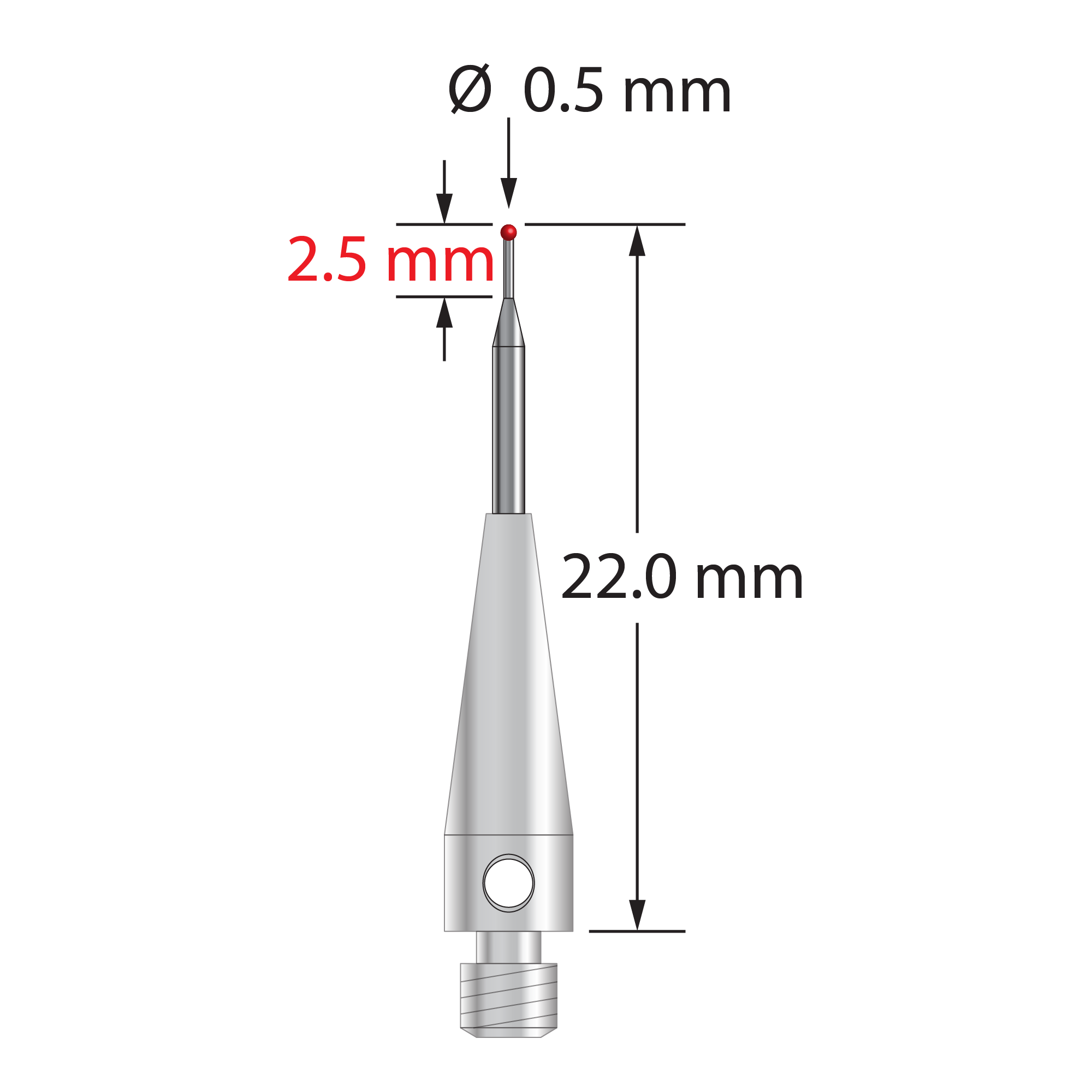 M3 stylus with 0.5 mm diameter ruby ball, tapered carbide stem, and 4.0 mm diameter by 13.0 mm long stainless steel base. Minor stem diameter is 0.3 mm; major diameter is 1.0 mm. Overall stylus length is 20.0 mm. Weight is 0.67 gram. Compare to Mitutoyo K651105.