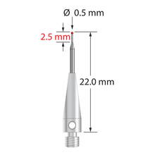 M3 stylus with 0.5 mm diameter ruby ball, tapered carbide stem, and 4.0 mm diameter by 13.0 mm long stainless steel base. Minor stem diameter is 0.3 mm; major diameter is 1.0 mm. Overall stylus length is 20.0 mm. Weight is 0.67 gram. Compare to Mitutoyo K651105.