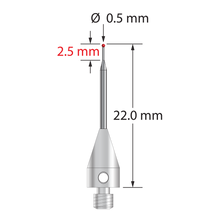 M3 XXT stylus with 0.5 mm diameter ruby ball, tapered carbide stem, and 5.0 mm diameter x 9.0 mm long titanium base. &nbsp;Minor stem diameter is 0.3 mm; major diameter is 1.0 mm. Overall stylus length is 22.0 mm. Stylus weight is 0.57 gram. Compare to Zeiss 626103-5444-022.