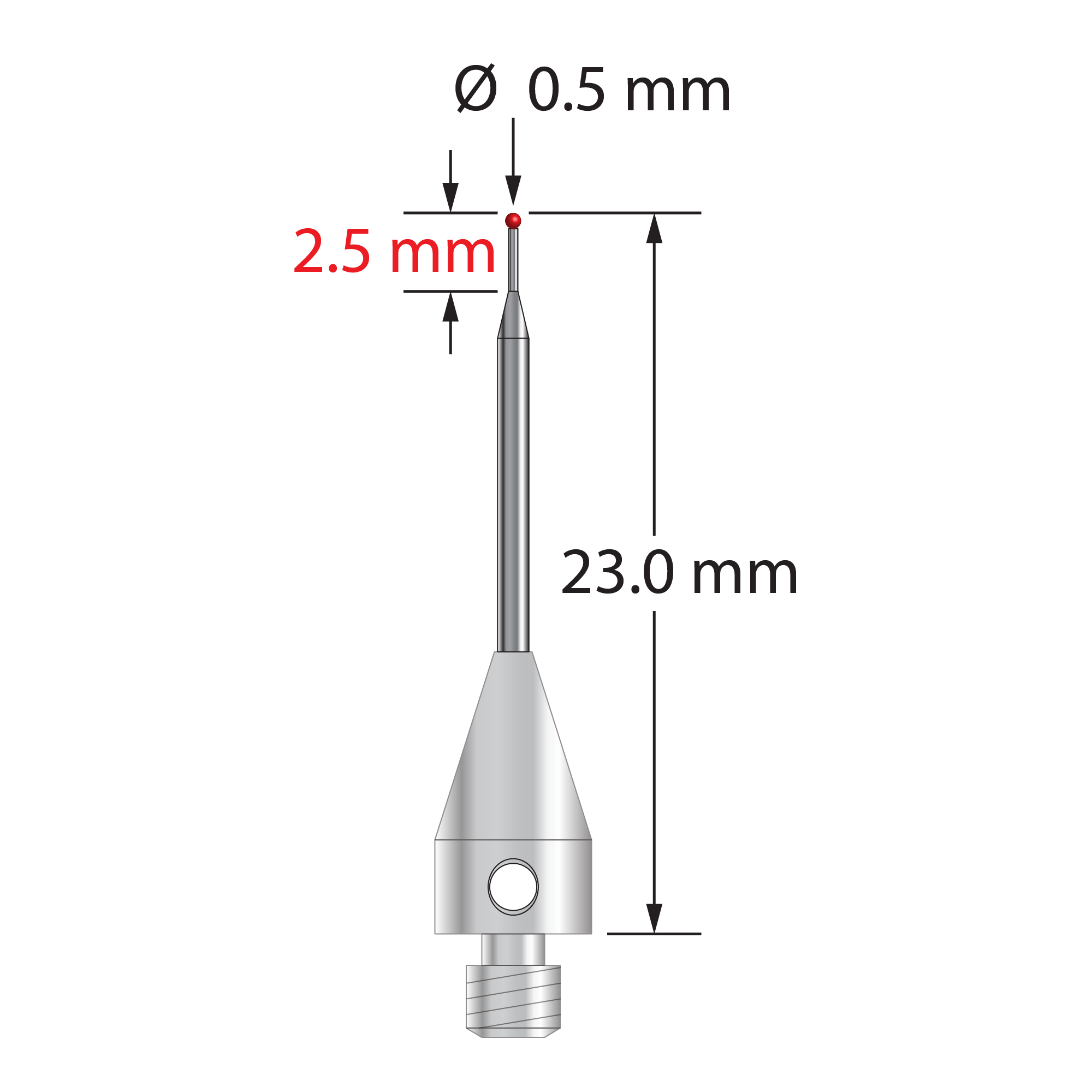 M3 XXT stylus with 0.5 mm diameter ruby ball, tapered carbide stem, and 5.0 mm diameter x 9.0 mm long titanium base. Major stem diameter is 1.0 mm; minor diameter is 0.3 mm. Overall stylus length is 23.0 mm. Stylus weight is 0.56 gram. Compare to Zeiss 626103-5444-023.