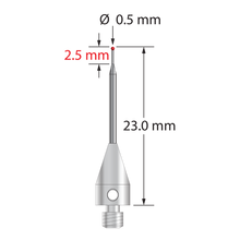 M3 XXT stylus with 0.5 mm diameter ruby ball, tapered carbide stem, and 5.0 mm diameter x 9.0 mm long titanium base. Major stem diameter is 1.0 mm; minor diameter is 0.3 mm. Overall stylus length is 23.0 mm. Stylus weight is 0.56 gram. Compare to Zeiss 626103-5444-023.