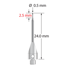 M3 XXT stylus with 0.5 mm diameter carbide ball, tapered carbide stem, and 5.0 mm diameter x 9.0 mm long titanium base. Minor stem diameter is 0.3 mm; major diameter is 1.0 mm. Overall stylus length is 24.0 mm. Stylus weight is 0.57 gram.