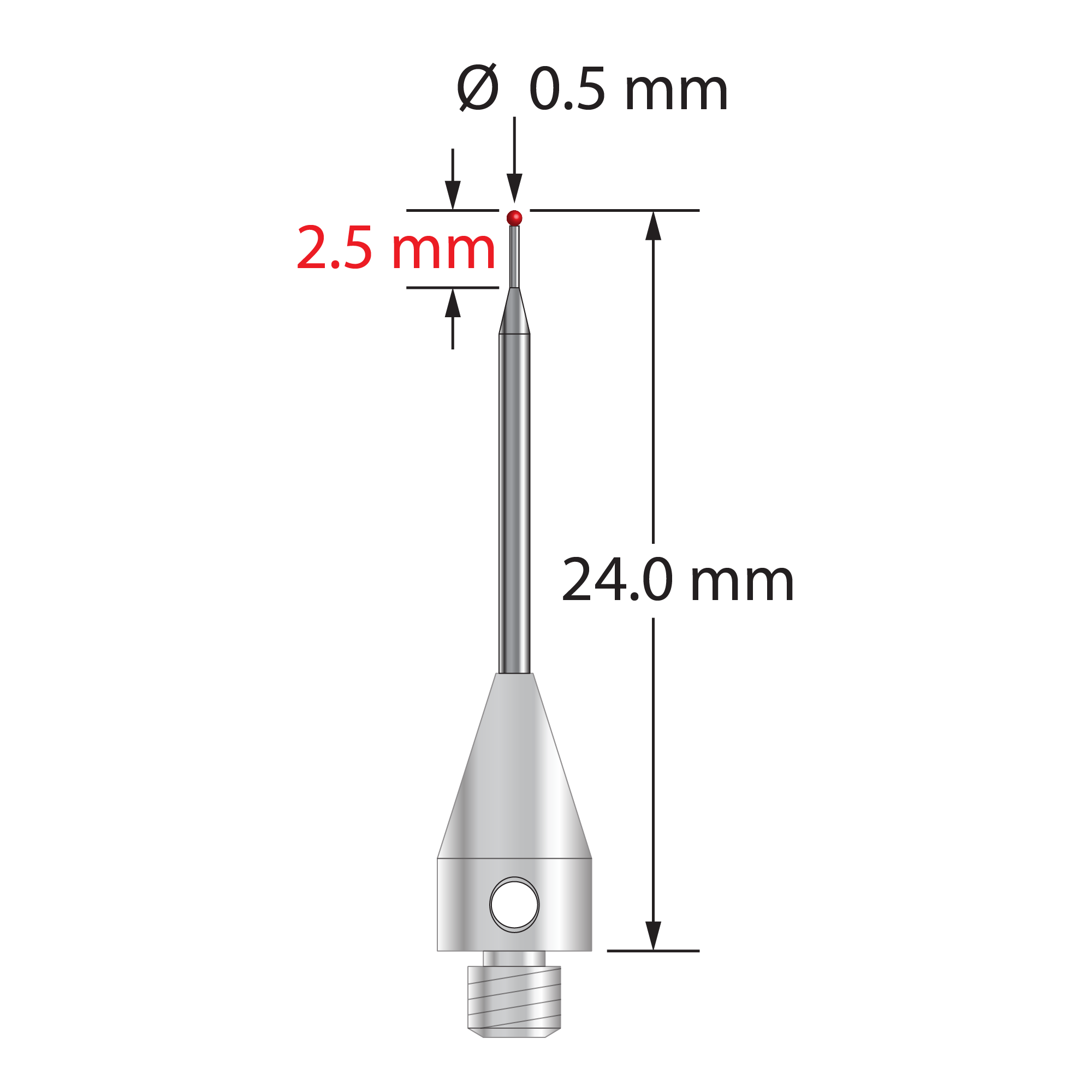 M3 XXT stylus with 0.5 mm diameter ruby ball, tapered carbide stem, and 5.0 mm diameter x 9.0 mm long titanium base. Minor stem diameter is 0.3 mm; major diameter is 1.0 mm. Overall stylus length is 24.0 mm. Stylus weight is 0.57 gram. Compare to Zeiss 626113-0051-024.
