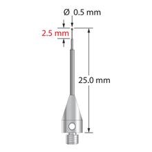 M3 XXT stylus with 0.5 mm diameter carbide ball, stepped carbide stem, and 5.0 mm diameter x 9.0 mm long titanium base. &nbsp;Minor stem diameter is 0.3 mm, intermediate diameter is 0.5 mm, major diameter is 1.0 mm. &nbsp;Overall stylus length is 20.0 mm. &nbsp;Stylus weight is 0.58 gram.