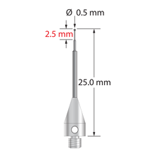 M3 XXT stylus with 0.5 mm diameter carbide ball, stepped carbide stem, and 5.0 mm diameter x 9.0 mm long titanium base. Minor stem diameter is 0.3 mm, intermediate diameter is 0.5 mm, major diameter is 1.0 mm. Overall stylus length is 25.0 mm. Stylus weight is 0.63 g.