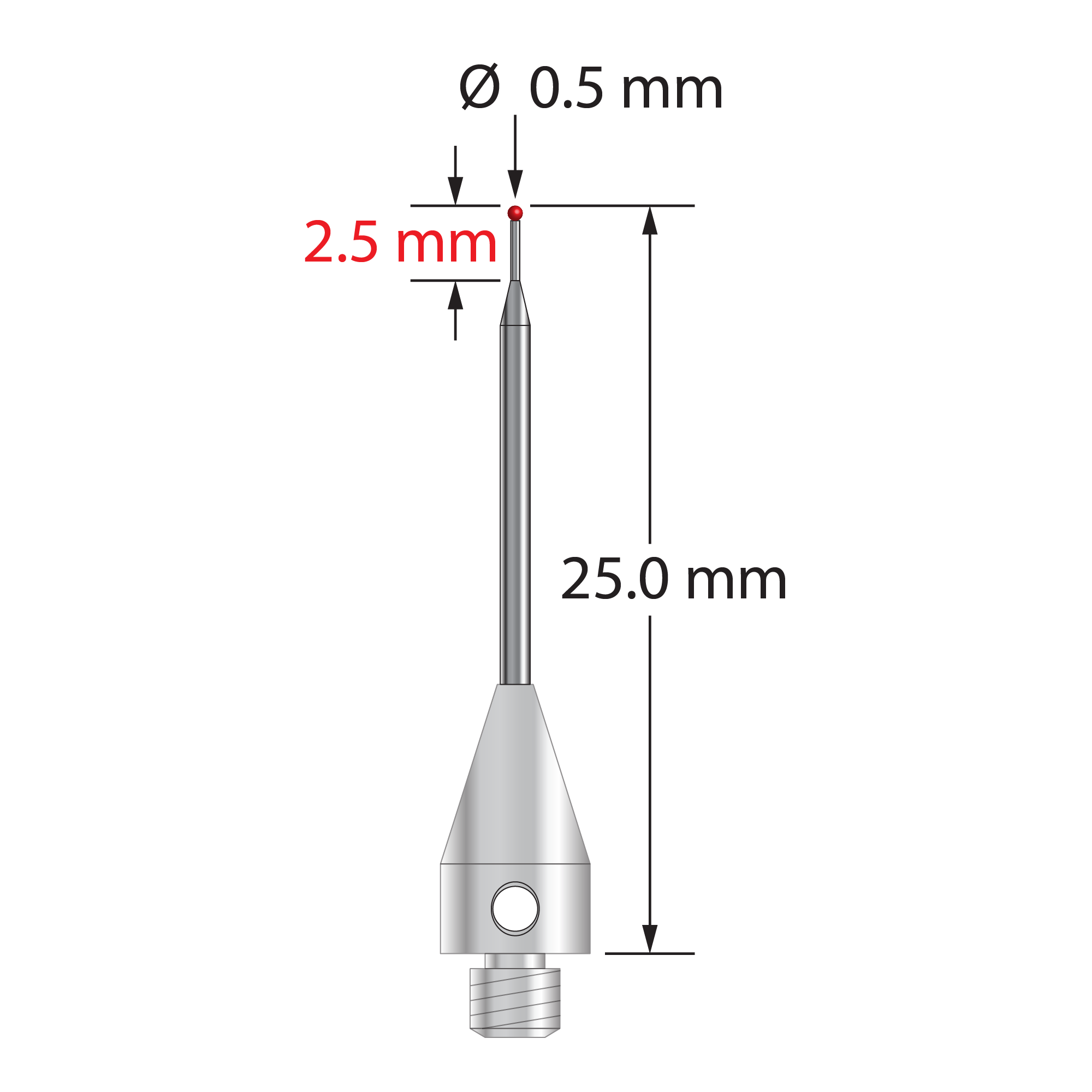 M3 XXT stylus with 0.5 mm diameter ruby ball, tapered carbide stem, and 5.0 mm diameter x 9.0 mm long titanium base. Major stem diameter is 1.0 mm; minor diameter is 0.3 mm. Overall stylus length is 25.0 mm. Stylus weight is 0.58 gram. Compare to Zeiss 626103-5444-025.
