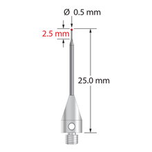 M3 XXT stylus with 0.5 mm diameter ruby ball, tapered carbide stem, and 5.0 mm diameter x 9.0 mm long titanium base. Major stem diameter is 1.0 mm; minor diameter is 0.3 mm. Overall stylus length is 25.0 mm. Stylus weight is 0.58 gram. Compare to Zeiss 626103-5444-025.