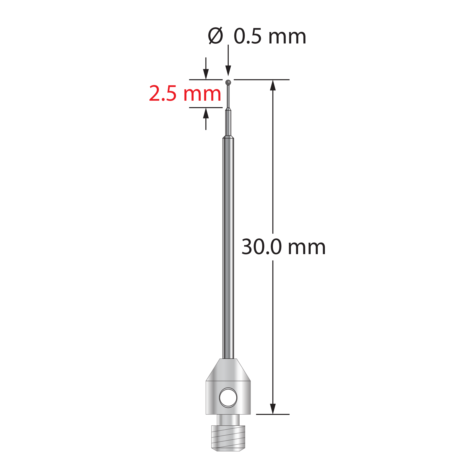 M3 stylus with 0.5 mm diameter carbide ball, stepped carbide stem, and 4.0 mm diameter x 5.0 mm long stainless steel base. Minor stem diameter is 0.3 mm, intermediate diameter is 0.6 mm, major diameter is 1.0 mm. Overall stylus length is 30.0 mm. Stylus weight is 0.75 gram.