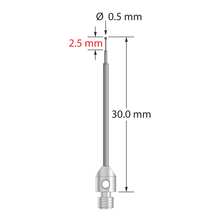 M3 stylus with 0.5 mm diameter carbide ball, stepped carbide stem, and 4.0 mm diameter x 5.0 mm long stainless steel base. Minor stem diameter is 0.3 mm, intermediate diameter is 0.6 mm, major diameter is 1.0 mm. Overall stylus length is 30.0 mm. Stylus weight is 0.75 gram.
