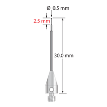 M3 stylus with 0.5 mm diameter carbide ball, stepped carbide stem, and 5.0 mm diameter x 9.0 mm long titanium base. Minor stem diameter is 0.3 mm, intermediate diameter is 0.6 mm, major diameter is 1.0 mm. Overall stylus length is 30.0 mm. Stylus weight is 0.82 gram.