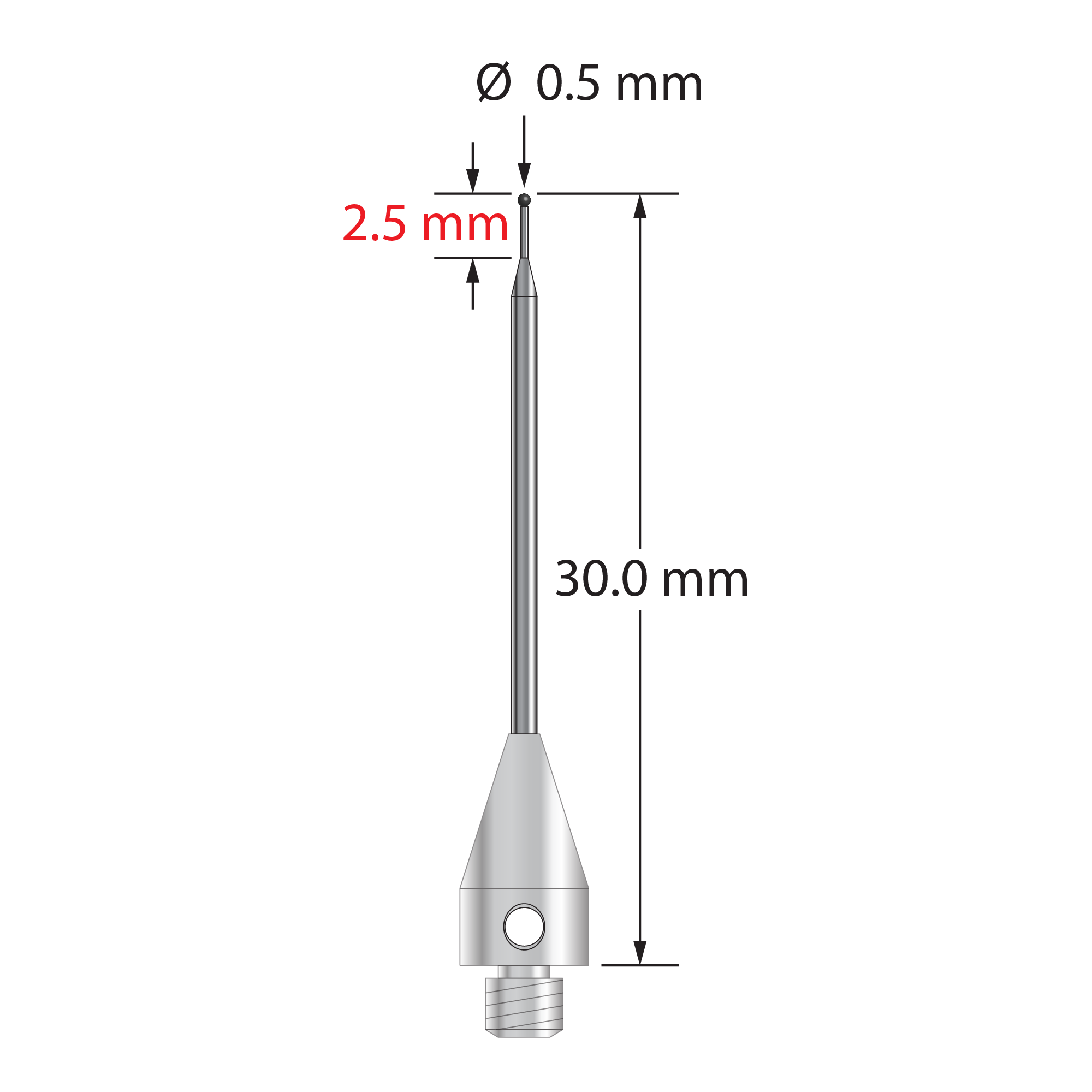 M3 XXT stylus with 0.5 mm diameter silicon nitride ball, tapered carbide stem, and 5.0 mm diameter x 9.0 mm long titanium base. Minor stem diameter is 0.3 mm; major diameter is 1.0 mm. Overall stylus length is 25.0 mm. Stylus weight is 0.65 gram.