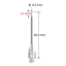 M3 XXT stylus with 0.5 mm diameter silicon nitride ball, tapered carbide stem, and 5.0 mm diameter x 9.0 mm long titanium base. Minor stem diameter is 0.3 mm; major diameter is 1.0 mm. Overall stylus length is 25.0 mm. Stylus weight is 0.65 gram.