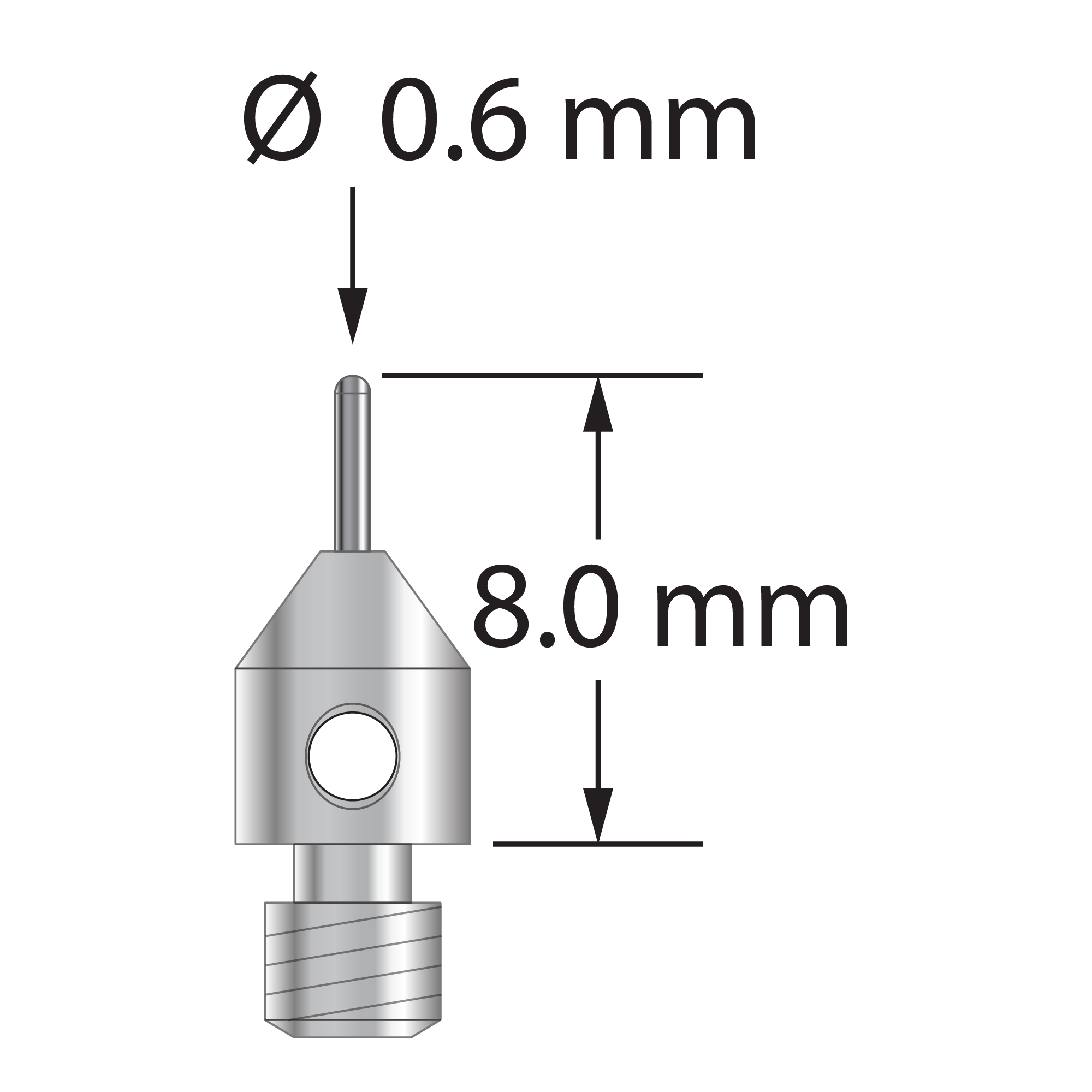 TM3-0608-BC M3 cylinder stylus with 0.6mm carbide cylinder and stainless steel base, 8.0mm long.
