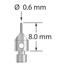 TM3-0608-BC M3 cylinder stylus with 0.6mm carbide cylinder and stainless steel base, 8.0mm long.