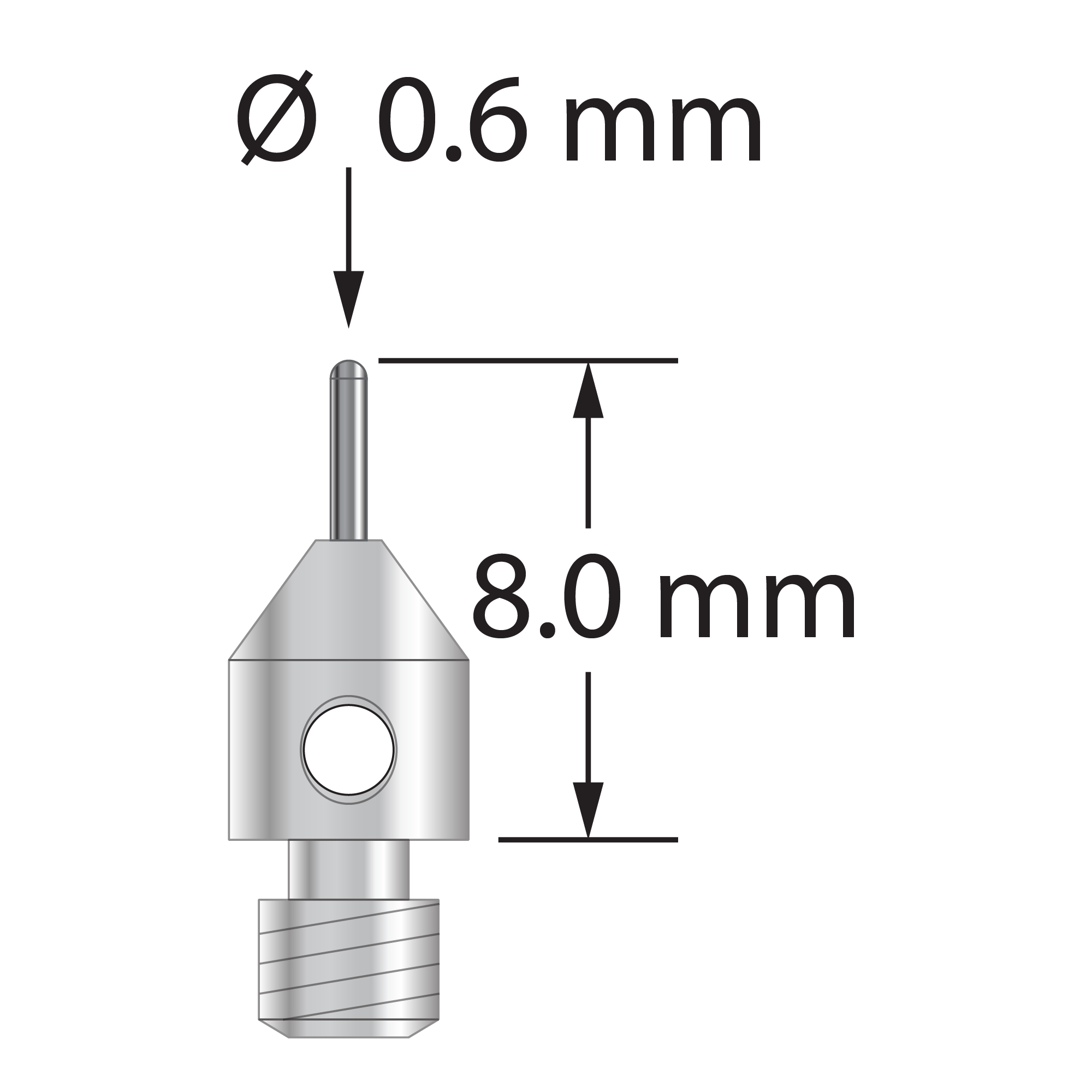 M3 cylinder stylus with 0.6 mm diameter carbide cylinder and 4.0 mm diameter x 5.0 mm long stainless steel base. Overall stylus length is 8.0 mm. Stylus weight is 0.46 gram.