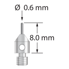 M3 cylinder stylus with 0.6 mm diameter carbide cylinder and 4.0 mm diameter x 5.0 mm long stainless steel base. Overall stylus length is 8.0 mm. Stylus weight is 0.46 gram.