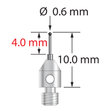 M3 stylus with 0.6 mm diameter carbide ball, tapered carbide stem, and 4.0 mm diameter x 5.0 mm long stainless steel base. Minor stem diameter is 0.4 mm; major diameter is 1.0 mm. Overall stylus length is 10.0 mm. Stylus weight is 0.47 gram.