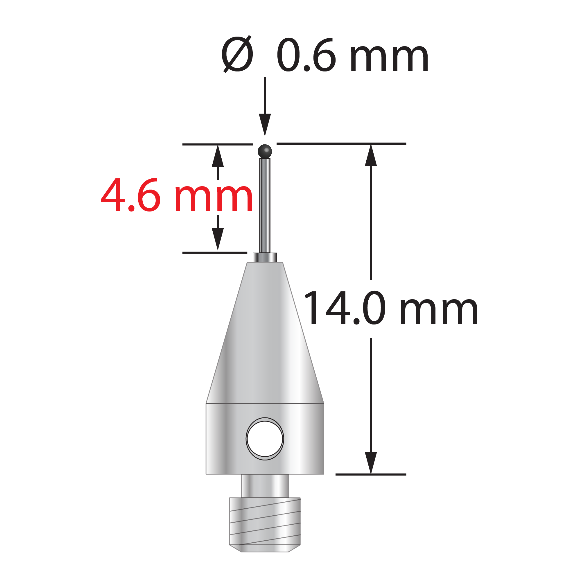M3 XXT stylus with 0.6 mm diameter silicon nitride ball, stepped carbide stem, and 5.0 mm diameter x 9.0 mm long titanium base. Minor stem diameter is 0.4 mm; major diameter is 1.0 mm. Overall stylus length is 14.0 mm. Stylus weight is 0.53 gram.