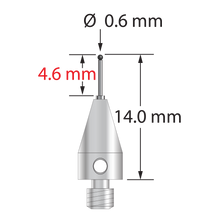 M3 XXT stylus with 0.6 mm diameter silicon nitride ball, stepped carbide stem, and 5.0 mm diameter x 9.0 mm long titanium base. Minor stem diameter is 0.4 mm; major diameter is 1.0 mm. Overall stylus length is 14.0 mm. Stylus weight is 0.53 gram.