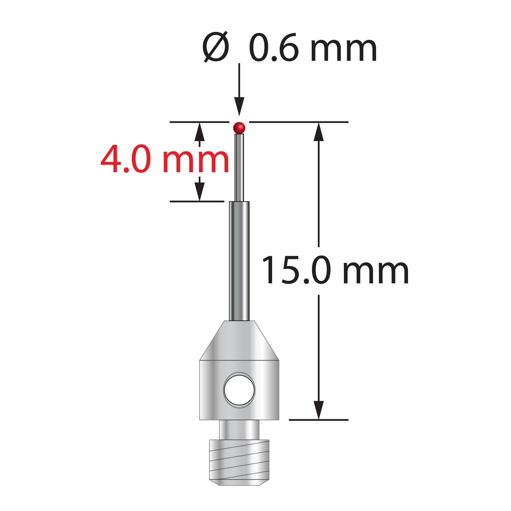 M3 stylus with 0.6 mm diameter ruby ball, stepped carbide stem, and 4.0 mm diameter x 5.0 mm long stainless steel base. Minor stem diameter is 0.4 mm; major diameter is 1.0 mm. Overall stylus length is 15.0 mm. Stylus weight is 0.49 gram.