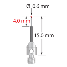 M3 stylus with 0.6 mm diameter ruby ball, stepped carbide stem, and 4.0 mm diameter x 5.0 mm long stainless steel base. Minor stem diameter is 0.4 mm; major diameter is 1.0 mm. Overall stylus length is 15.0 mm. Stylus weight is 0.49 gram.