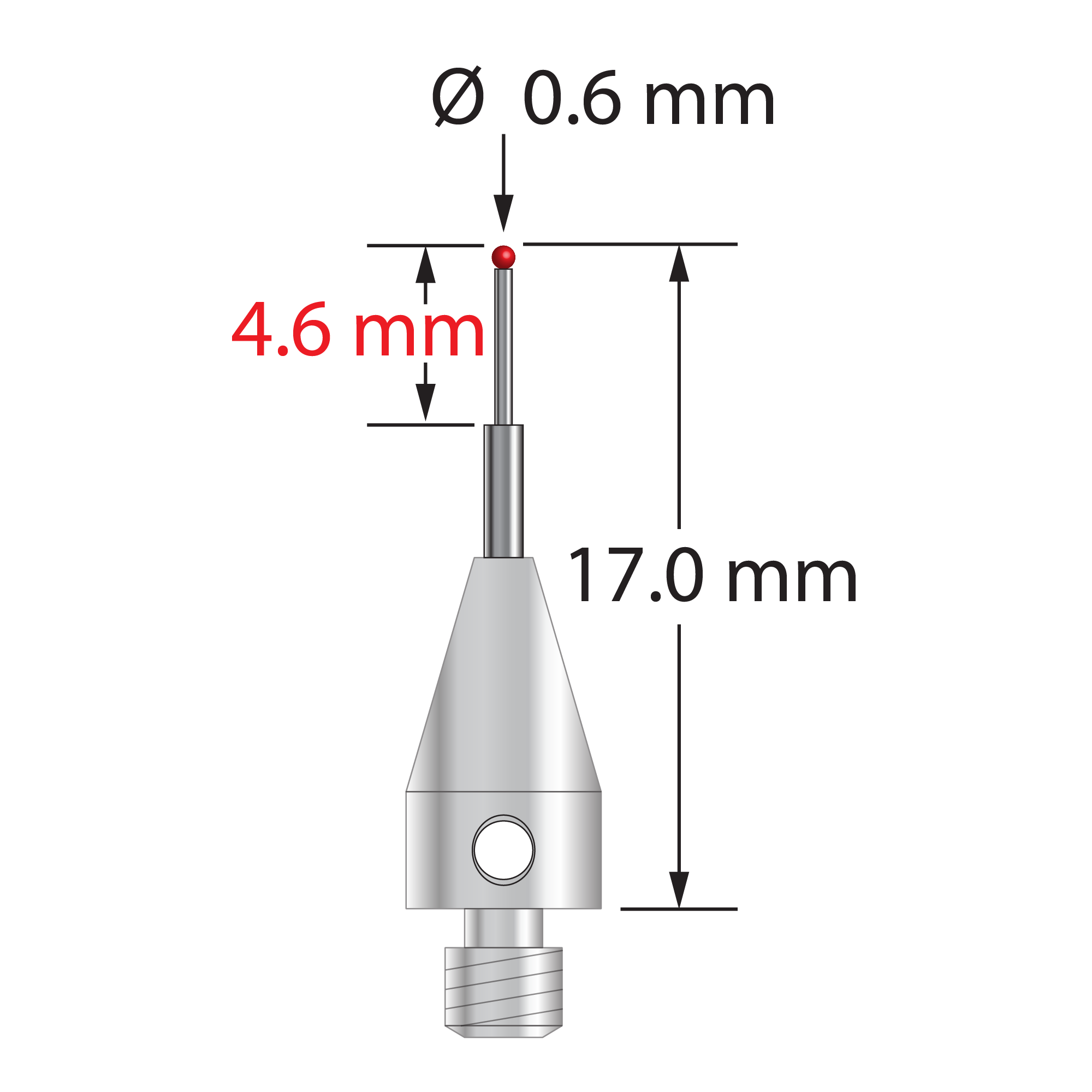 M3 XXT stylus with 0.6 mm diameter ruby ball, stepped carbide stem, and 5.0 mm diameter x 9.0 mm long titanium base. Minor stem diameter is 0.4 mm; major diameter is 1.0 mm. Overall stylus length is 17.0 mm. Stylus weight is 0.55 gram. Compare to Zeiss 626113-0060-017.