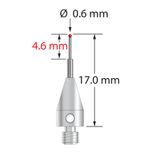 M3 XXT stylus with 0.6 mm diameter ruby ball, stepped carbide stem, and 5.0 mm diameter x 9.0 mm long titanium base. Minor stem diameter is 0.4 mm; major diameter is 1.0 mm. Overall stylus length is 17.0 mm. Stylus weight is 0.55 gram. Compare to Zeiss 626113-0060-017.