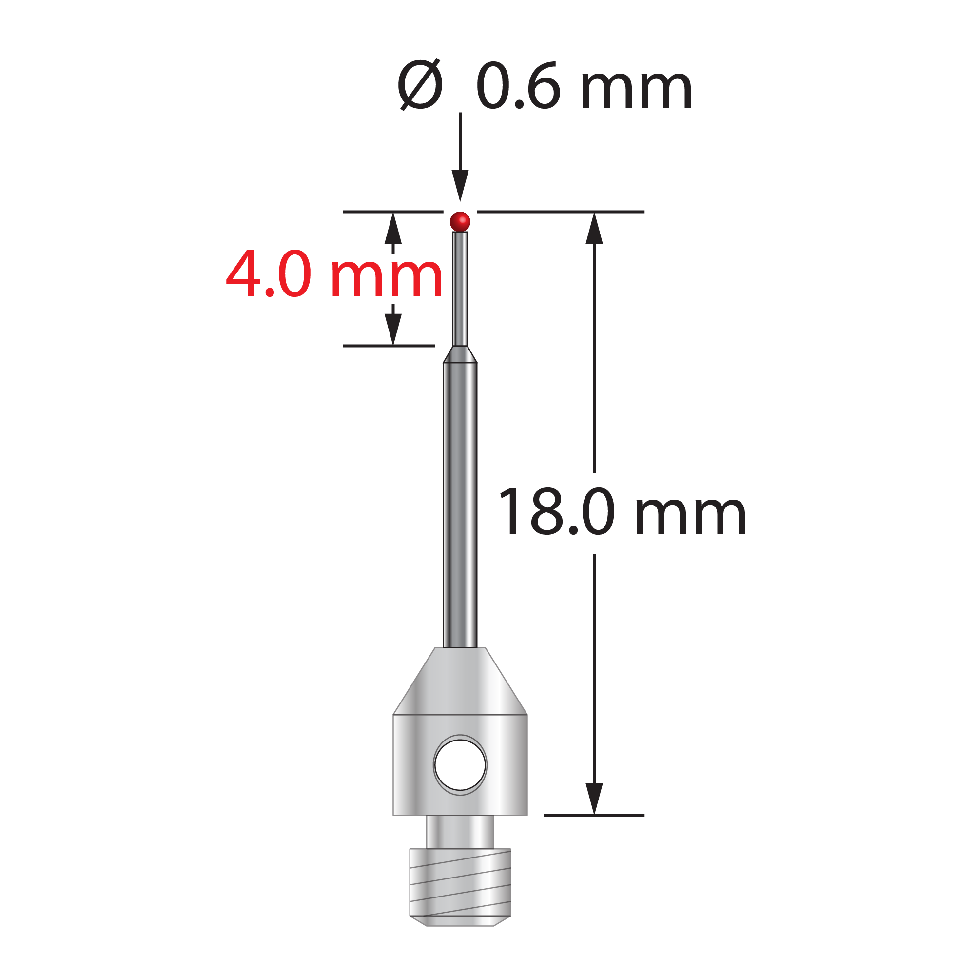 M3 stylus with 0.6 mm diameter carbide ball, tapered carbide stem, and 4.0 mm diameter x 5.0 mm long stainless steel base. Minor stem diameter is 0.4 mm; major diameter is 1.0 mm. Overall stylus length is 18.0 mm. Stylus weight is 0.51 gram.
