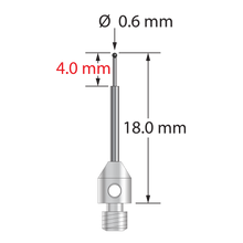 M3 stylus with 0.6 mm diameter silicon nitride ball, stepped carbide stem, and 4.0 mm diameter x 5.0 mm long stainless steel base. Minor stem diameter is 0.4 mm; major diameter is 1.0 mm. Overall stylus length is 18.0 mm. Stylus weight is 0.50 gram.