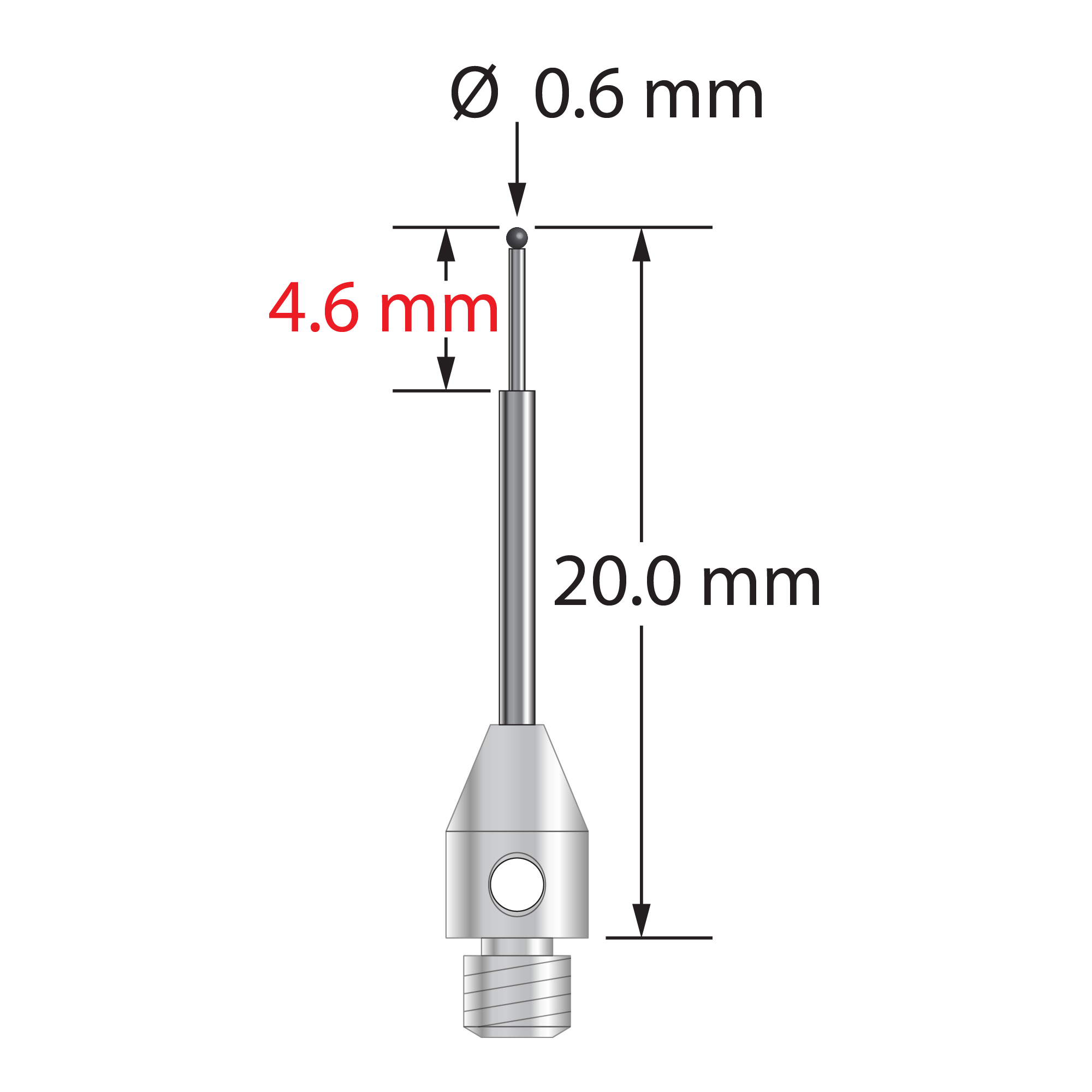 M3 stylus with 0.6 mm diameter silicon nitride ball, stepped carbide stem, and 4.0 mm diameter x 6.0 mm long stainless steel base. Minor stem diameter is 0.4 mm; major diameter is 1.0 mm. Overall stylus length is 20.0 mm. Stylus weight is 0.51 gram. Compare to Zeiss 626123-5545-020.