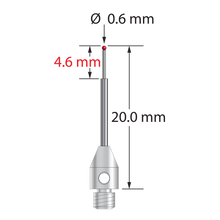 M3 stylus with 0.6 mm diameter ruby ball, stepped carbide stem, and 4.0 mm diameter x 6.0 mm long stainless steel base. Minor stem diameter is 0.4 mm; major diameter is 1.0 mm. Overall stylus length is 20.0 mm. Stylus weight is 0.51 gram. Compare to Zeiss 626123-5544-020.