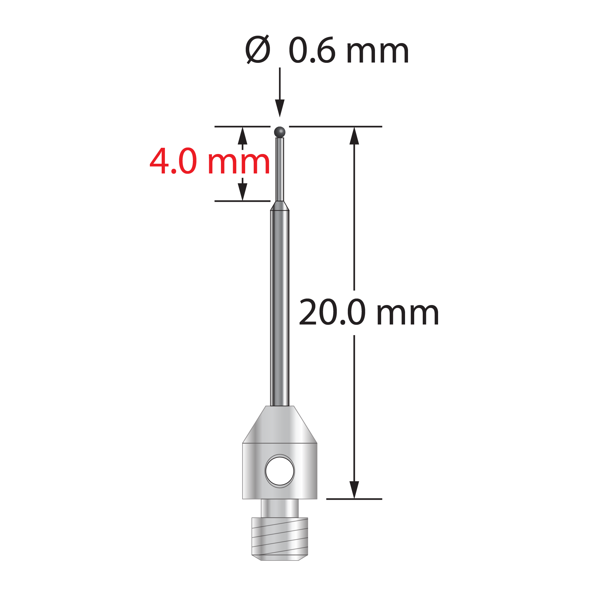M3 stylus with 0.6 mm diameter carbide ball, tapered carbide stem, and 4.0 mm diameter x 5.0 mm long stainless steel base. Minor stem diameter is 0.4 mm; major diameter is 1.0 mm. Overall stylus length is 20.0 mm. Stylus weight is 0.52 gram.