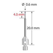 M3 stylus with 0.6 mm diameter carbide ball, tapered carbide stem, and 4.0 mm diameter x 5.0 mm long stainless steel base. Minor stem diameter is 0.4 mm; major diameter is 1.0 mm. Overall stylus length is 20.0 mm. Stylus weight is 0.52 gram.