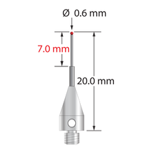 M3 XXT stylus with 0.6 mm diameter ruby ball, stepped carbide stem, and 5.0 mm diameter x 9.0 mm long titanium base. Minor stem diameter is 0.4 mm; major diameter is 1.0 mm. Overall stylus length is 20.0 mm. Stylus weight is 0.54 grams. Compare to Zeiss 626113-0066-020.