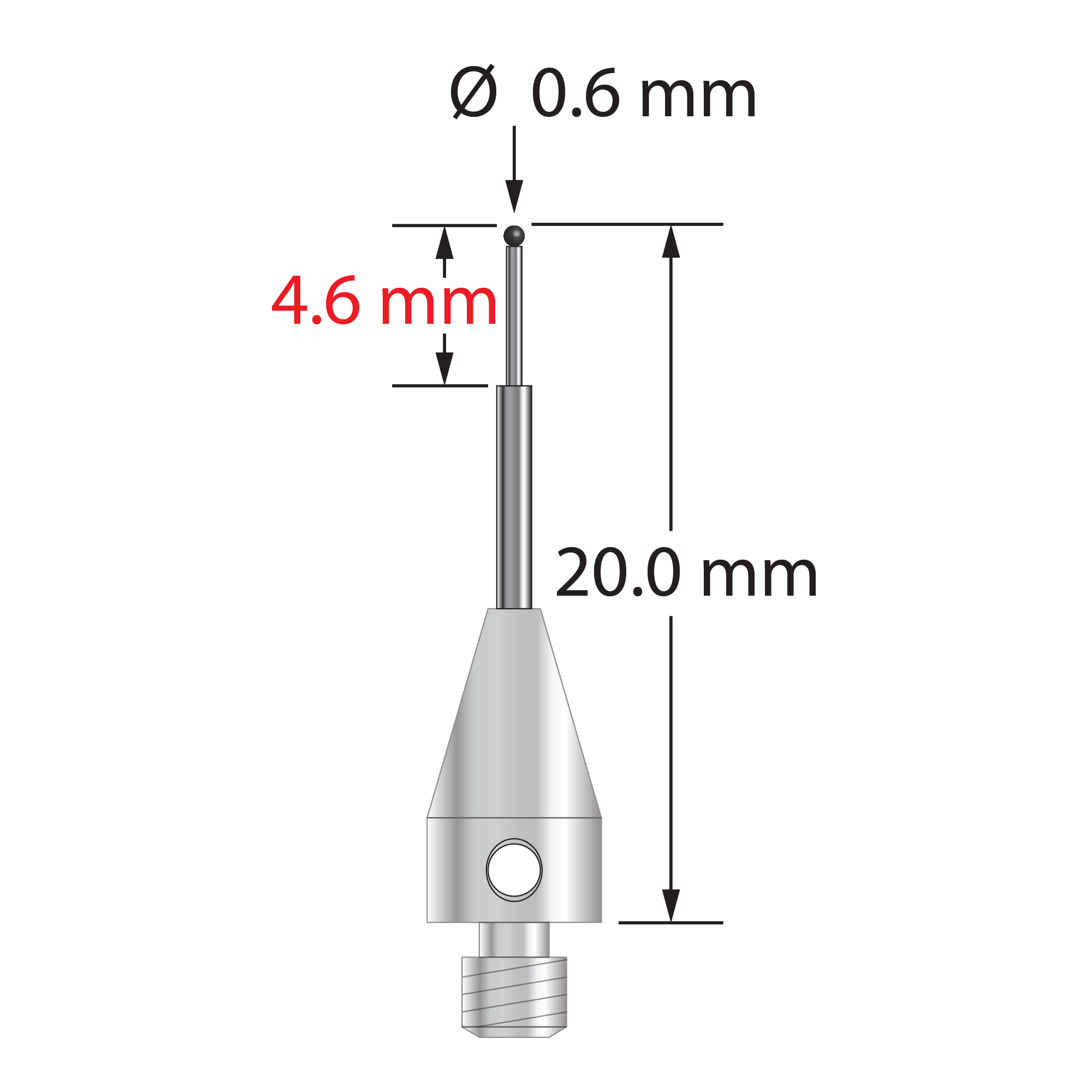 M3 XXT stylus with 0.6 mm diameter silicon nitride ball, stepped carbide stem, and 5.0 mm diameter x 9.0 mm long titanium base. Minor stem diameter is 0.4 mm; major diameter is 1.0 mm. Overall stylus length is 20.0 mm. Stylus weight is 0.57 gram.