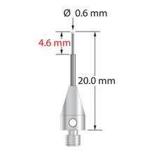 M3 XXT stylus with 0.6 mm diameter zirconia ball, stepped carbide stem, and 5.0 mm diameter x 9.0 mm long titanium base. Minor stem diameter is 0.4 mm; major diameter is 1.0 mm. Overall stylus length is 20.0 mm. Stylus weight is 0.57 gram.