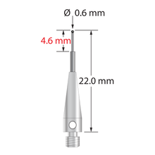 M3 stylus with 0.6 mm diameter silicon nitride ball, stepped carbide stem, and 4.0 mm diameter x 13.0 mm long stainless steel base. Minor stem diameter is 0.4 mm; major diameter is 1.0 mm. Overall stylus length is 22.0 mm. Stylus weight is 0.90 gram.