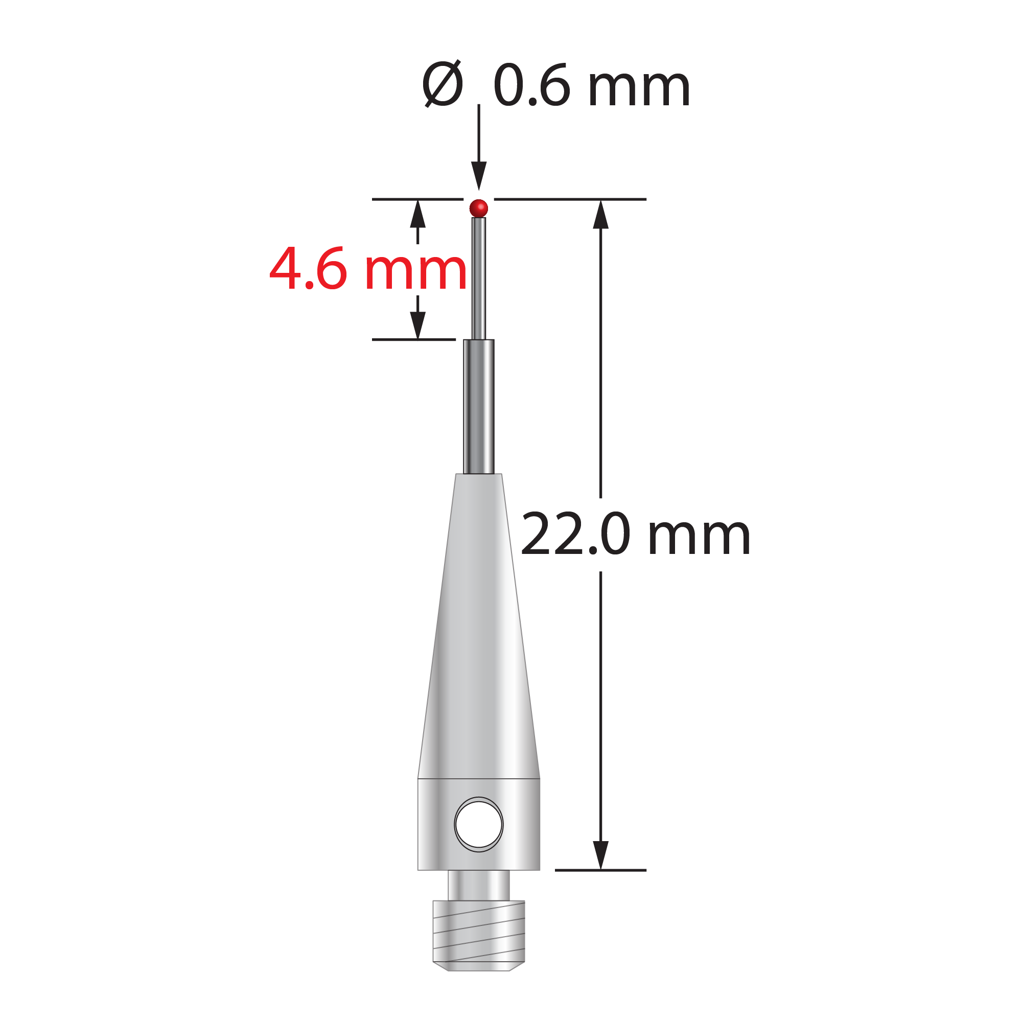 M3 stylus with 0.6 mm diameter ruby ball, stepped carbide stem, and 4.0 mm diameter x 13.0 mm long stainless steel base. Minor stem diameter is 0.4 mm; major diameter is 1.0 mm. Overall stylus length is 22.0 mm. Stylus weight is 0.90 gram. Compare to Zeiss 602030-8116-000 and Mitutoyo K651104.
