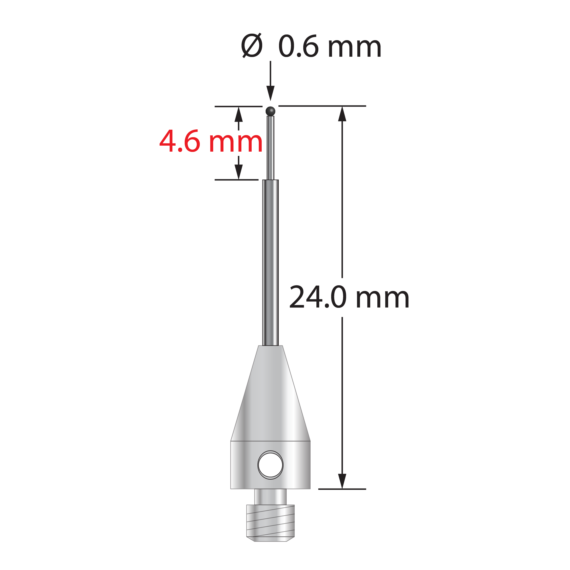 M3 XXT stylus with 0.6 mm diameter silicon nitride ball, stepped carbide stem, and 5.0 mm diameter x 9.0 mm long titanium base. Major stem diameter is 1.0 mm; minor diameter is 0.4 mm. Overall stylus length is 24.0 mm. Stylus weight is 0.61 gram.