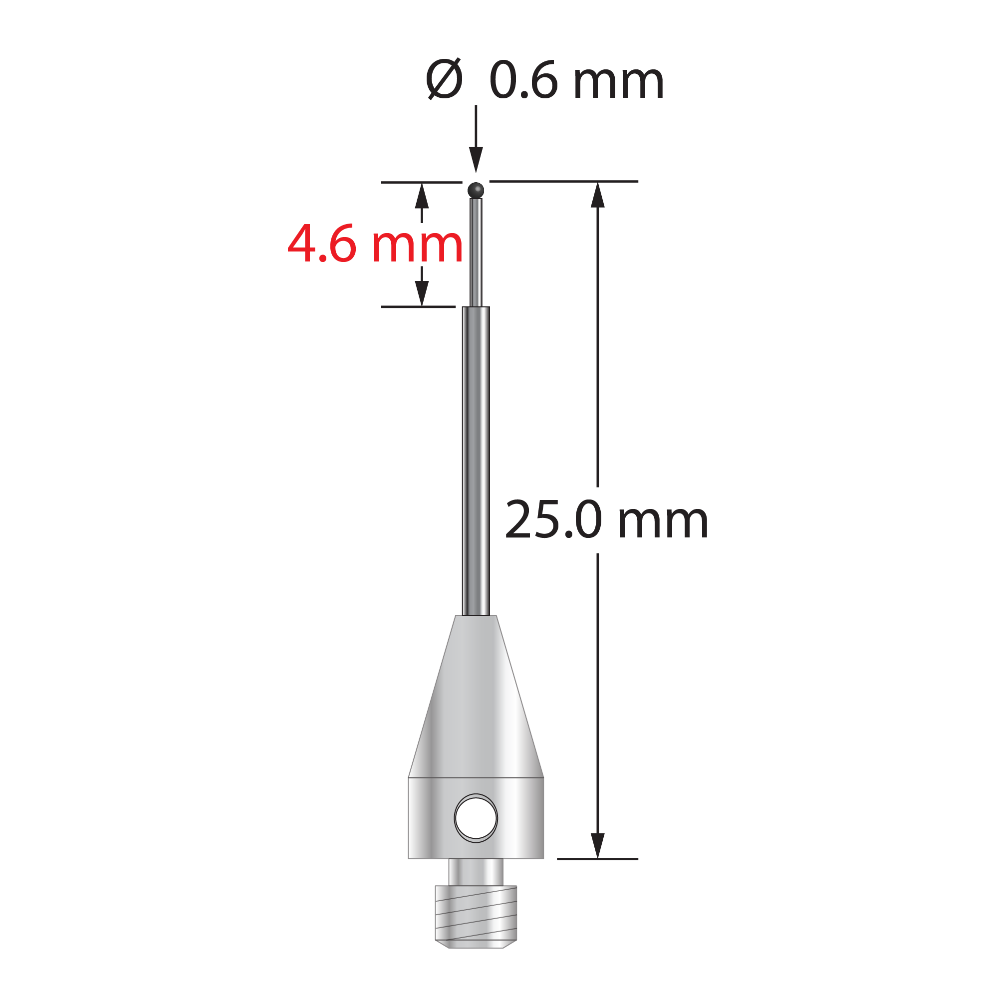 M3 XXT stylus with 0.6 mm diameter silicon nitride ball, stepped carbide stem, and 5.0 mm diameter x 9.0 mm long titanium base. Major stem diameter is 1.0 mm; minor diameter is 0.4 mm. Overall stylus length is 25.0 mm. Stylus weight is 0.63 gram.