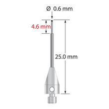 M3 XXT stylus with 0.6 mm diameter silicon nitride ball, stepped carbide stem, and 5.0 mm diameter x 9.0 mm long titanium base. Major stem diameter is 1.0 mm; minor diameter is 0.4 mm. Overall stylus length is 25.0 mm. Stylus weight is 0.63 gram.