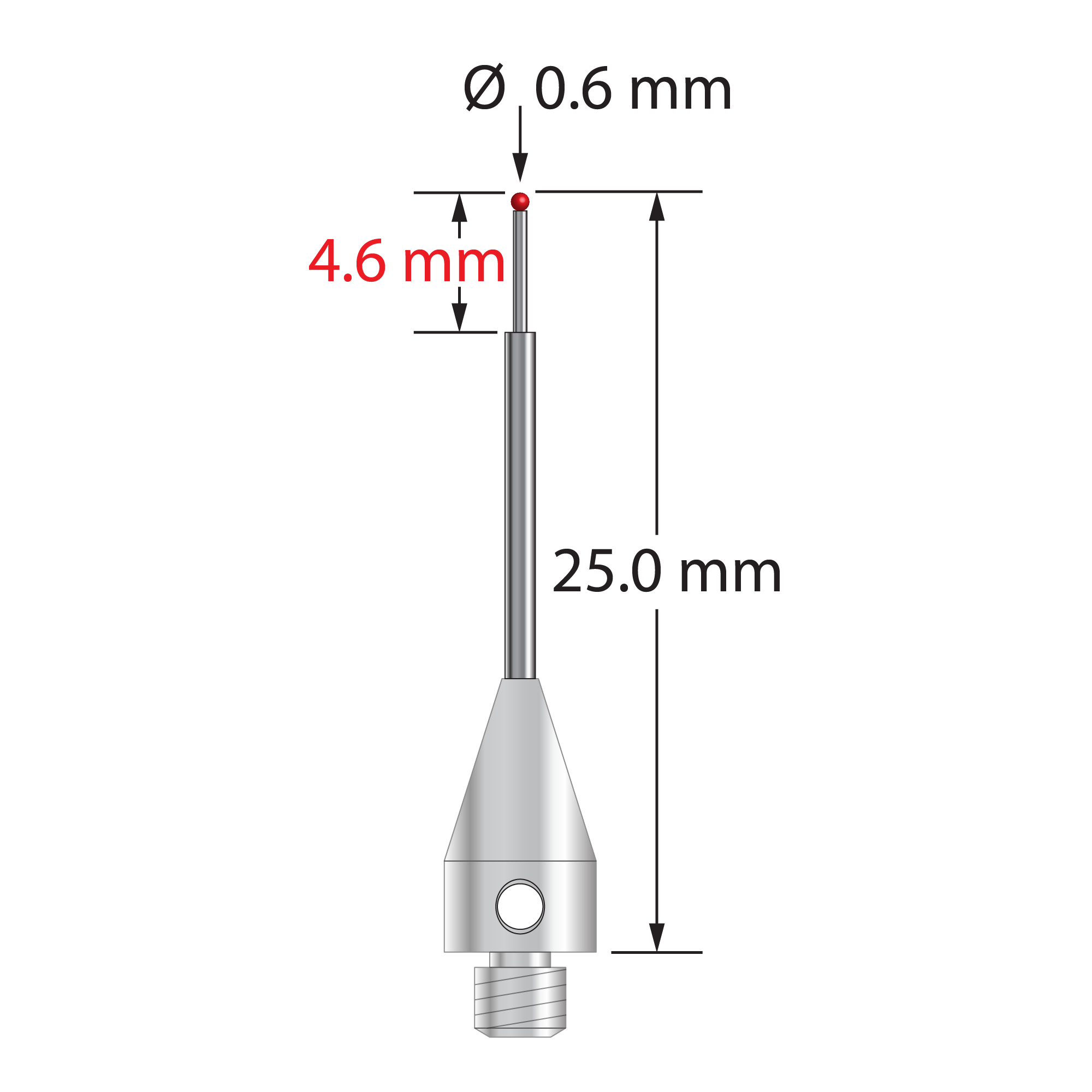M3 XXT stylus with 0.6 mm diameter silicon nitride ball, stepped carbide stem, and 5.0 mm diameter x 9.0 mm long titanium base. Major stem diameter is 1.0 mm; minor diameter is 0.4 mm. Overall stylus length is 25.0 mm. Stylus weight is 0.63 gram. Compare to Zeiss 626103-5544-025.