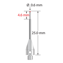 M3 XXT stylus with 0.6 mm diameter silicon nitride ball, stepped carbide stem, and 5.0 mm diameter x 9.0 mm long titanium base. Major stem diameter is 1.0 mm; minor diameter is 0.4 mm. Overall stylus length is 25.0 mm. Stylus weight is 0.63 gram. Compare to Zeiss 626103-5544-025.