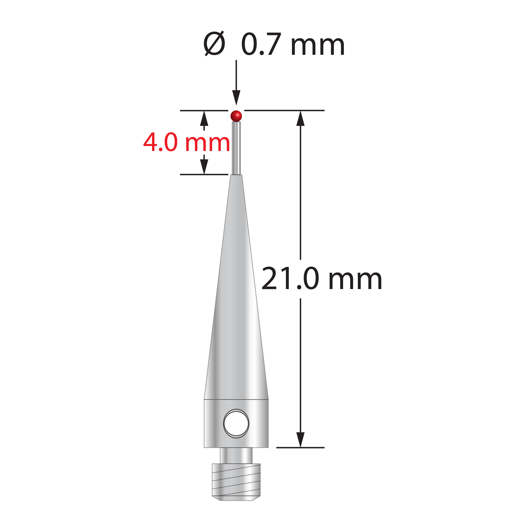 M3 stylus with 0.7 mm diameter ruby ball, 0.5 mm diameter carbide stem, and 4.0 mm diameter x 17.0 mm long tapered stainless steel base. Overall stylus length is 21.0 mm. Stylus weight is 0.95 gram. Compare to Carbide Probes 261-.7R.