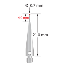 M3 stylus with 0.7 mm diameter ruby ball, 0.5 mm diameter carbide stem, and 4.0 mm diameter x 17.0 mm long tapered stainless steel base. Overall stylus length is 21.0 mm. Stylus weight is 0.95 gram. Compare to Carbide Probes 261-.7R.