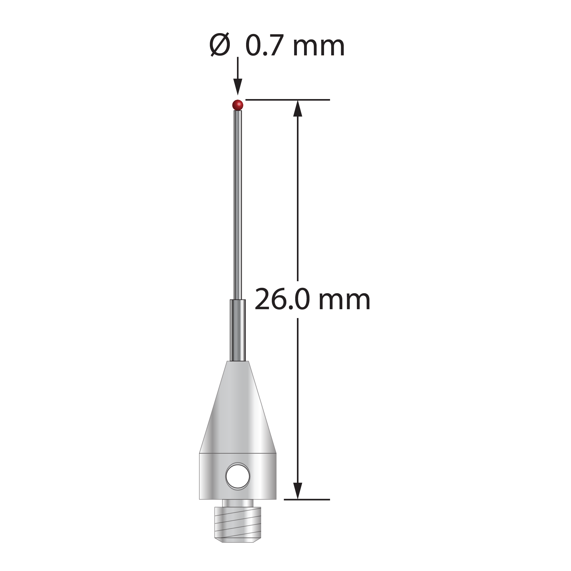 M3 XXT stylus with 0.7 mm diameter ruby ball, 5.0 mm diameter x 9.0 mm long titanium base, and stepped carbide stem. Minor stem diameter is 0.5 mm; major diameter is 1.0 mm. Overall stylus length is 26.0 mm. Stylus weight is 0.78 gram. Compare to Zeiss 626113-0070-026.