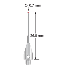 M3 XXT stylus with 0.7 mm diameter ruby ball, 5.0 mm diameter x 9.0 mm long titanium base, and stepped carbide stem. Minor stem diameter is 0.5 mm; major diameter is 1.0 mm. Overall stylus length is 26.0 mm. Stylus weight is 0.78 gram. Compare to Zeiss 626113-0070-026.
