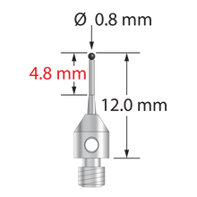M3 stylus with 0.8 mm diameter silicon nitride ball, tapered carbide stem, and 4.0 mm diameter x 5.0 mm long stainless steel base. Minor stem diameter is 0.6 mm; major diameter is 1.0 mm. Overall stylus length is 12.0 mm. Stylus weight is 0.53 gram.